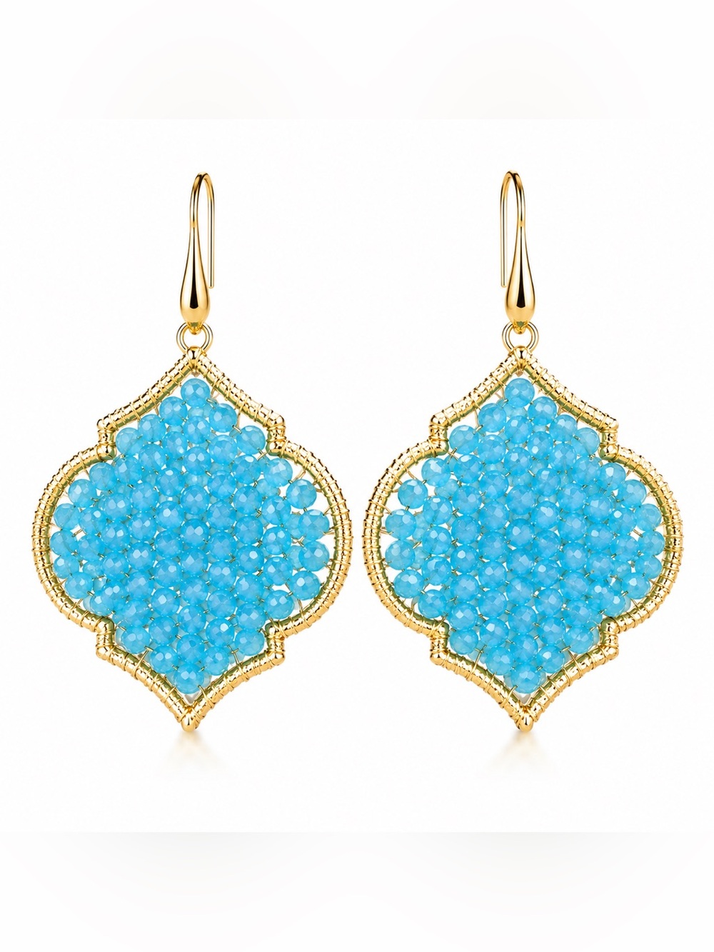 NEW! Blue Beaded Crystal Statement Earrings Gold Tone Moroccan Boho Dangle Drop